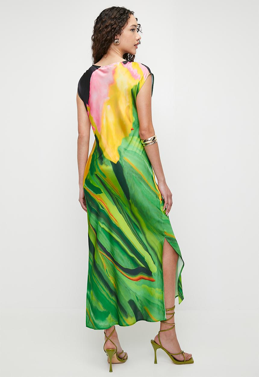 Superbalist - Printed slash neck satin slip midi tee dress - painted floral border
