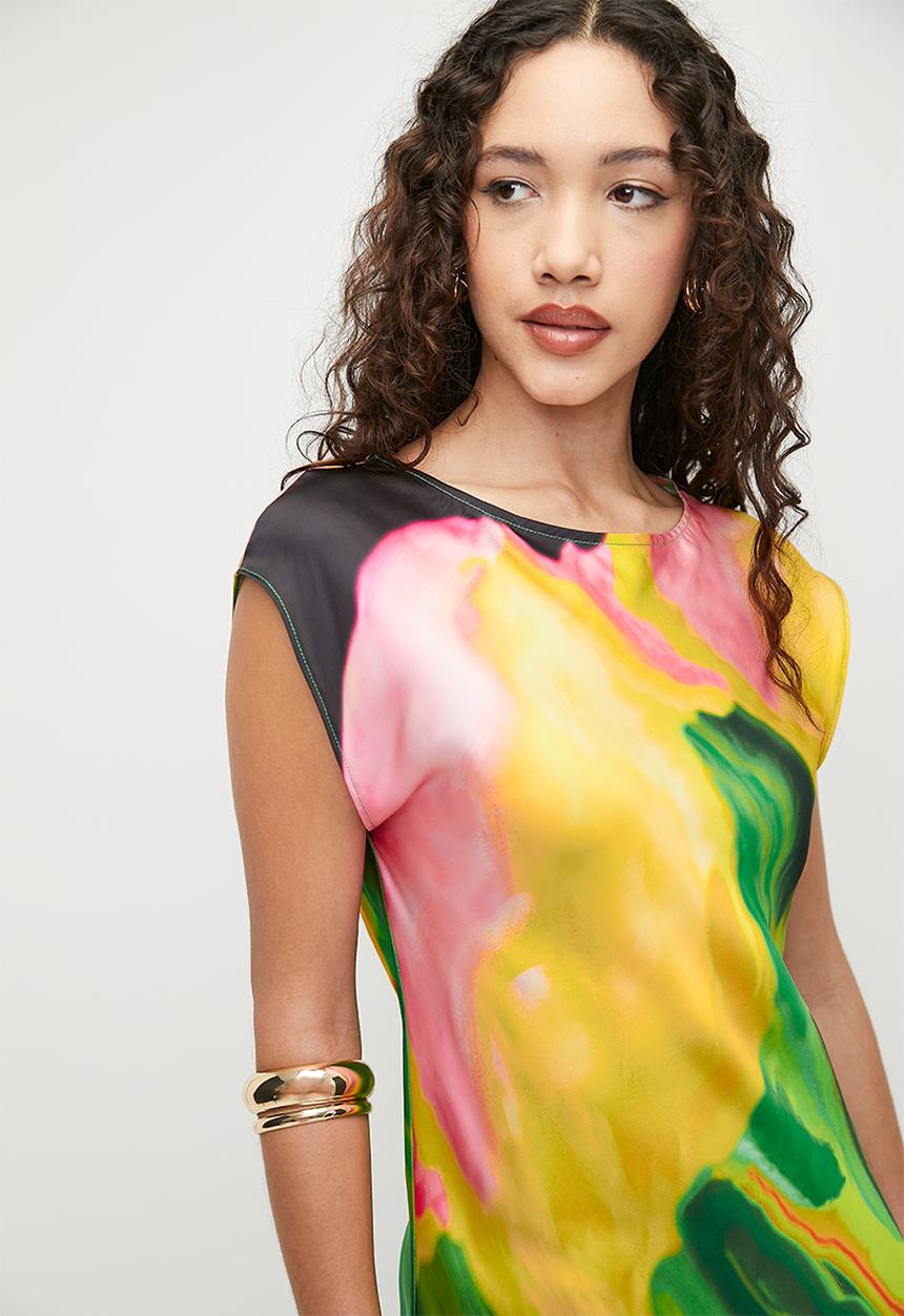 Superbalist - Printed slash neck satin slip midi tee dress - painted floral border