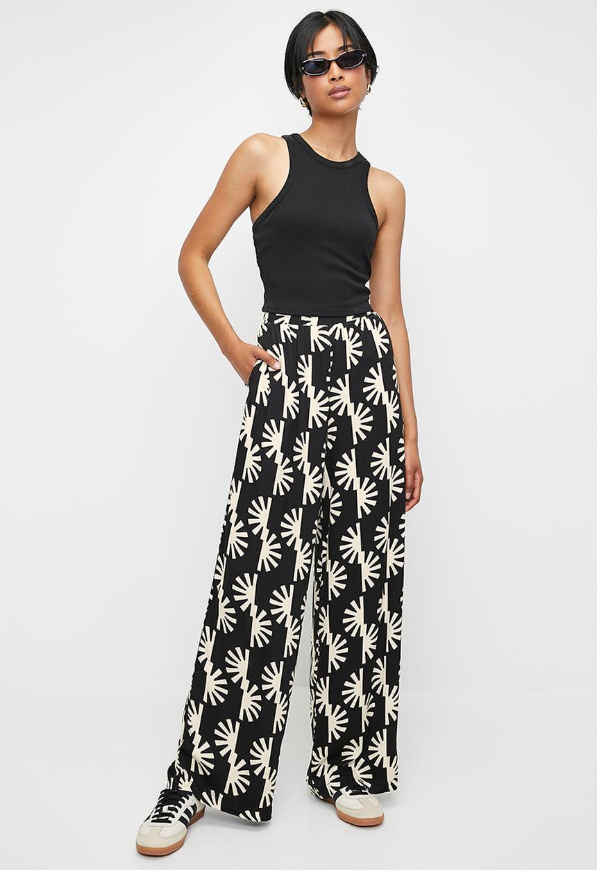 Me&B - Easy Elasticated Wide Leg Pants In Sun Stripe - Black & Beige 