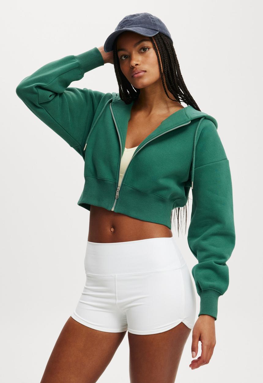 Cotton On - Plush Essential Cropped Zip Through - Sporty Green