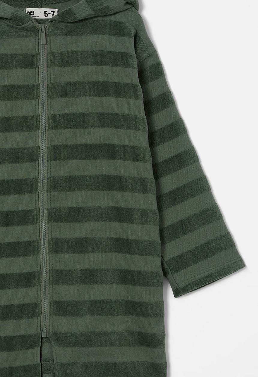 Cotton On - Kids zip thru hooded towel - swag green/jacquard stripe