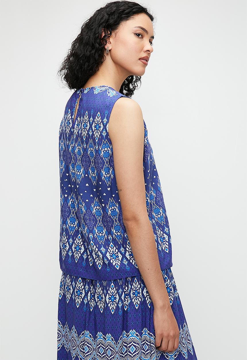edit - Printed sleeveless shell - peacock blues linear print