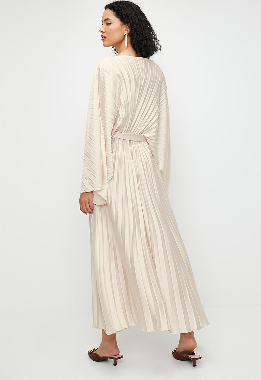 edit - Pleated dolman sleeve with tie dress - pearl