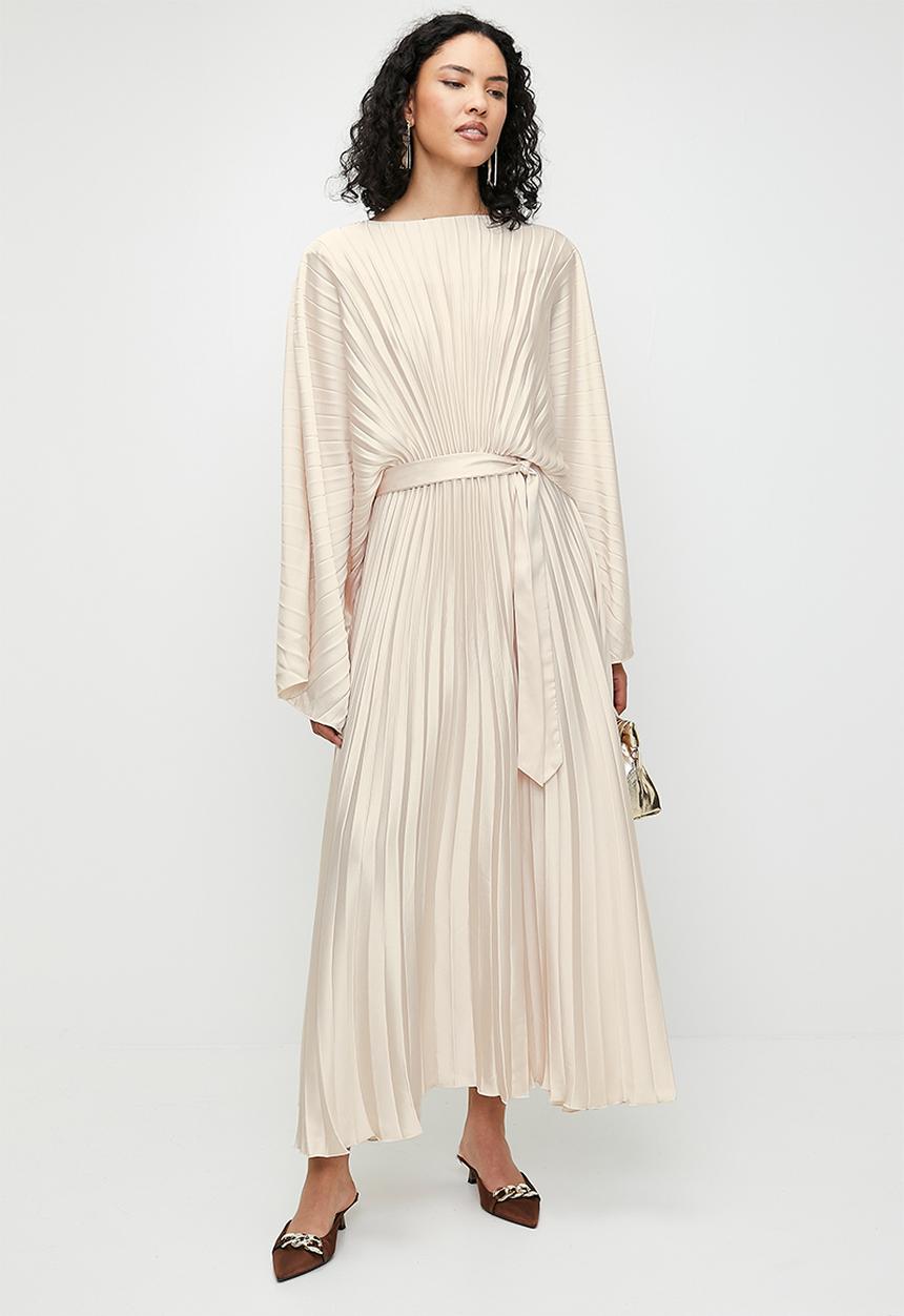 edit - Pleated dolman sleeve with tie dress - pearl