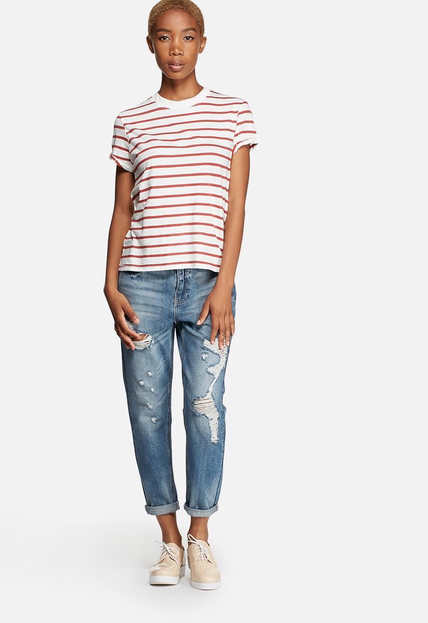 ONLY - Bone High Neck Striped Tee