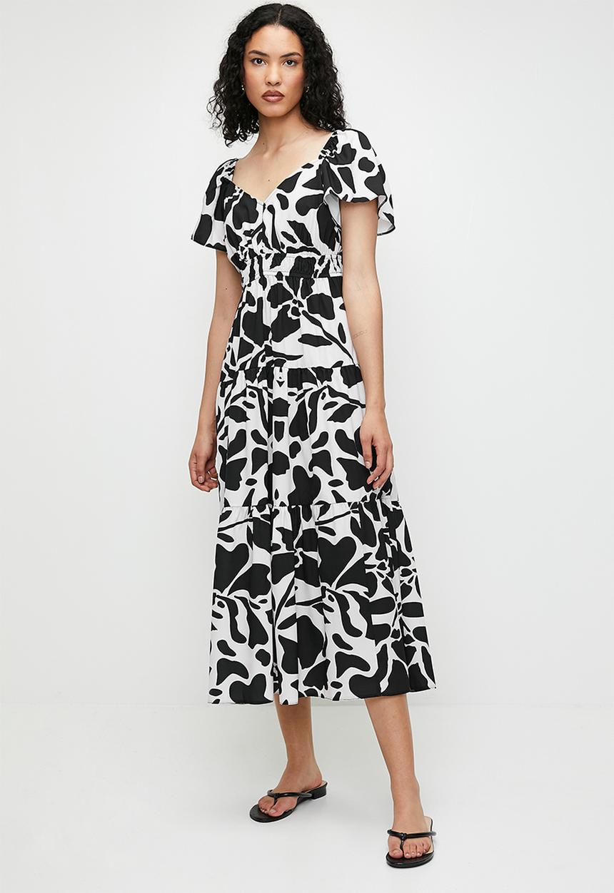 edit - flutter sleeve tiered midi dress - Black Ecru Abstract