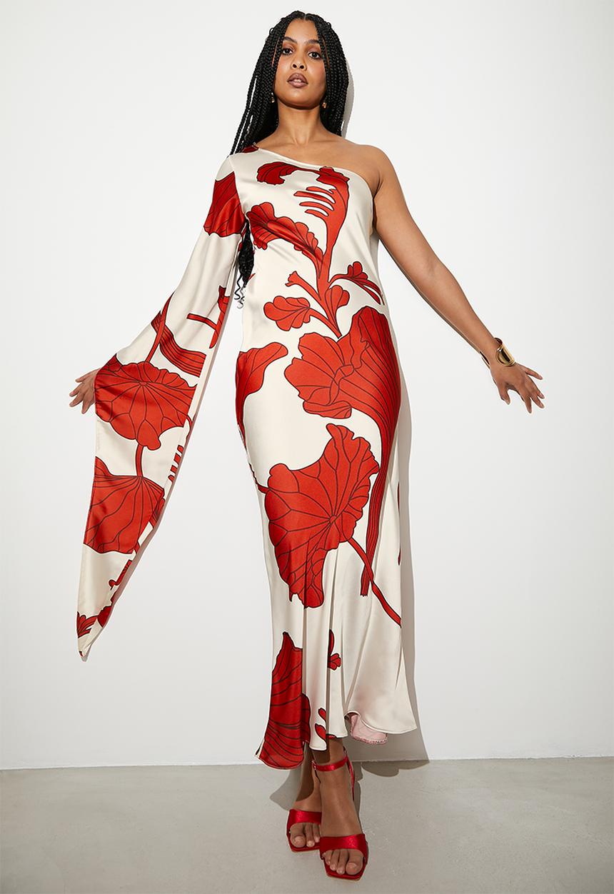VELVET - Asym cape sleeve maxi slip dress - macro lined leafy flowers