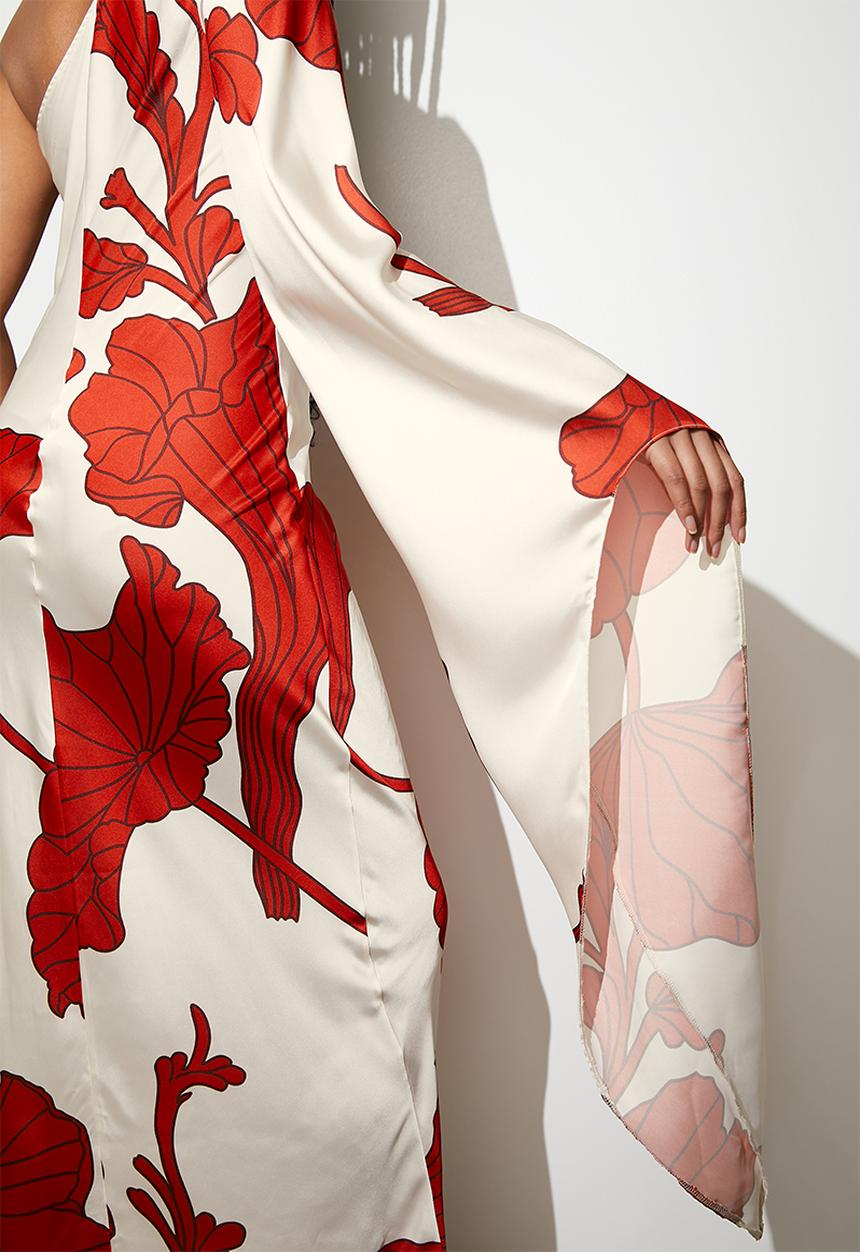 VELVET - Asym cape sleeve maxi slip dress - macro lined leafy flowers