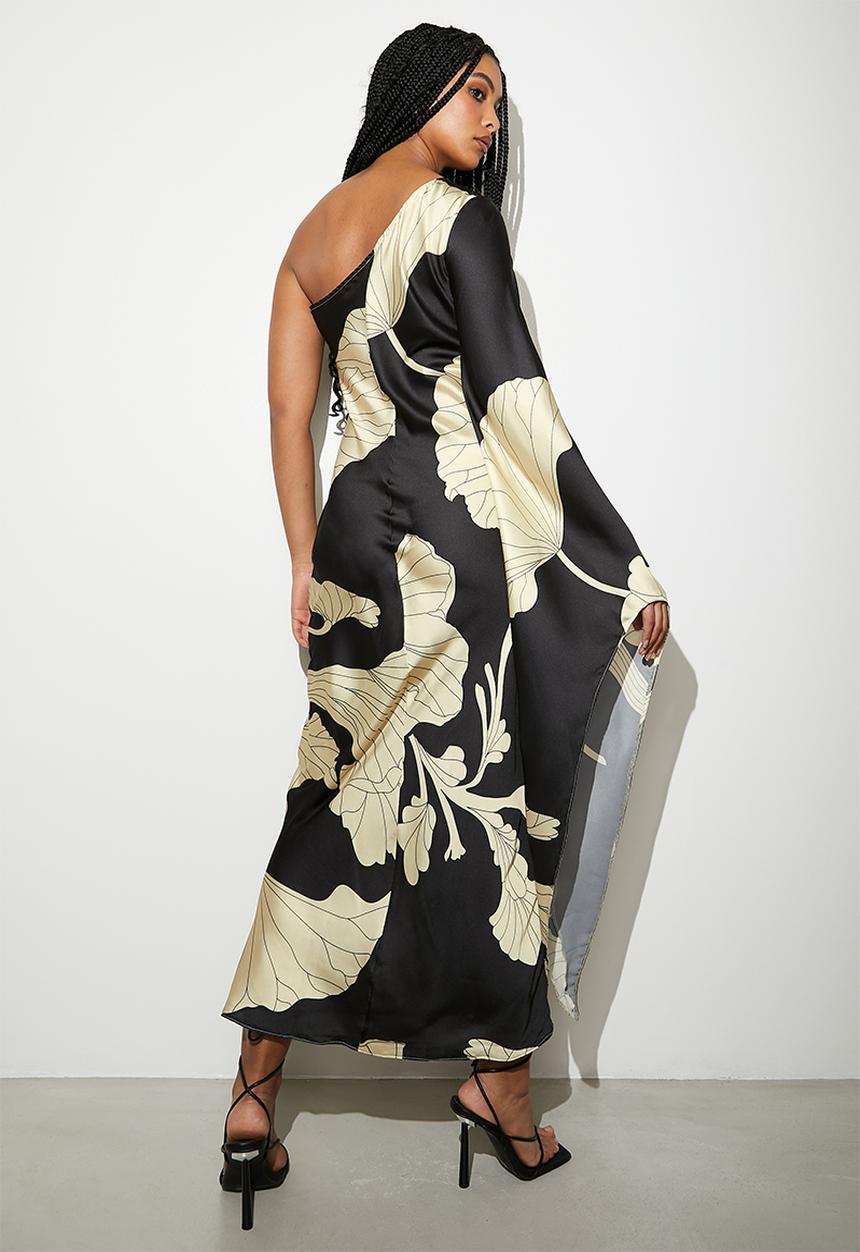 VELVET - Asym cape sleeve maxi slip dress - outlined macro hibiscus