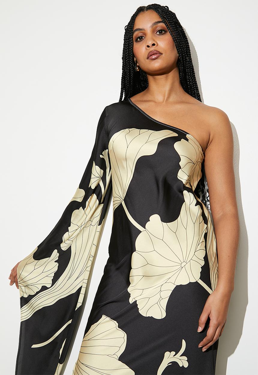VELVET - Asym cape sleeve maxi slip dress - outlined macro hibiscus
