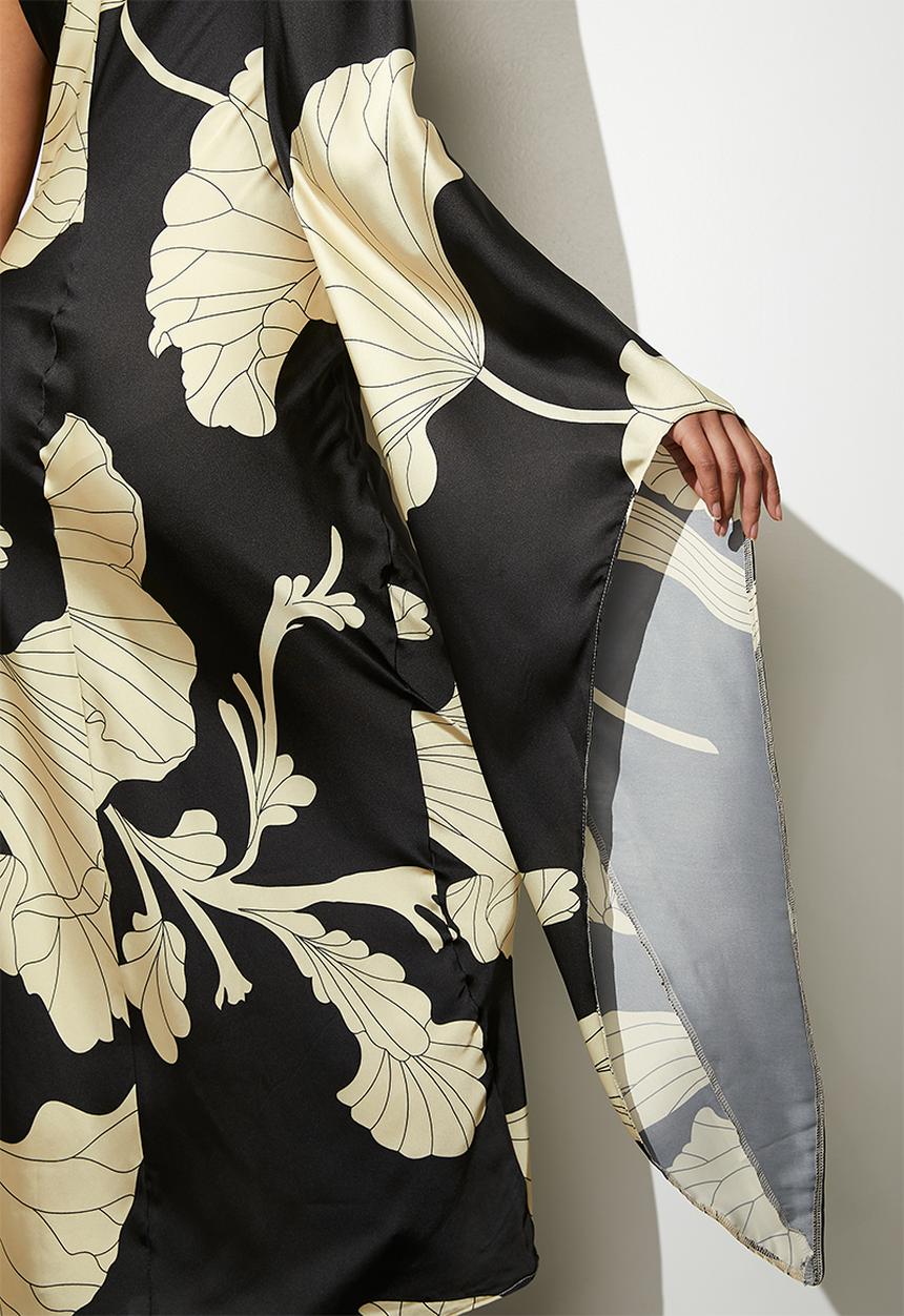 VELVET - Asym cape sleeve maxi slip dress - outlined macro hibiscus