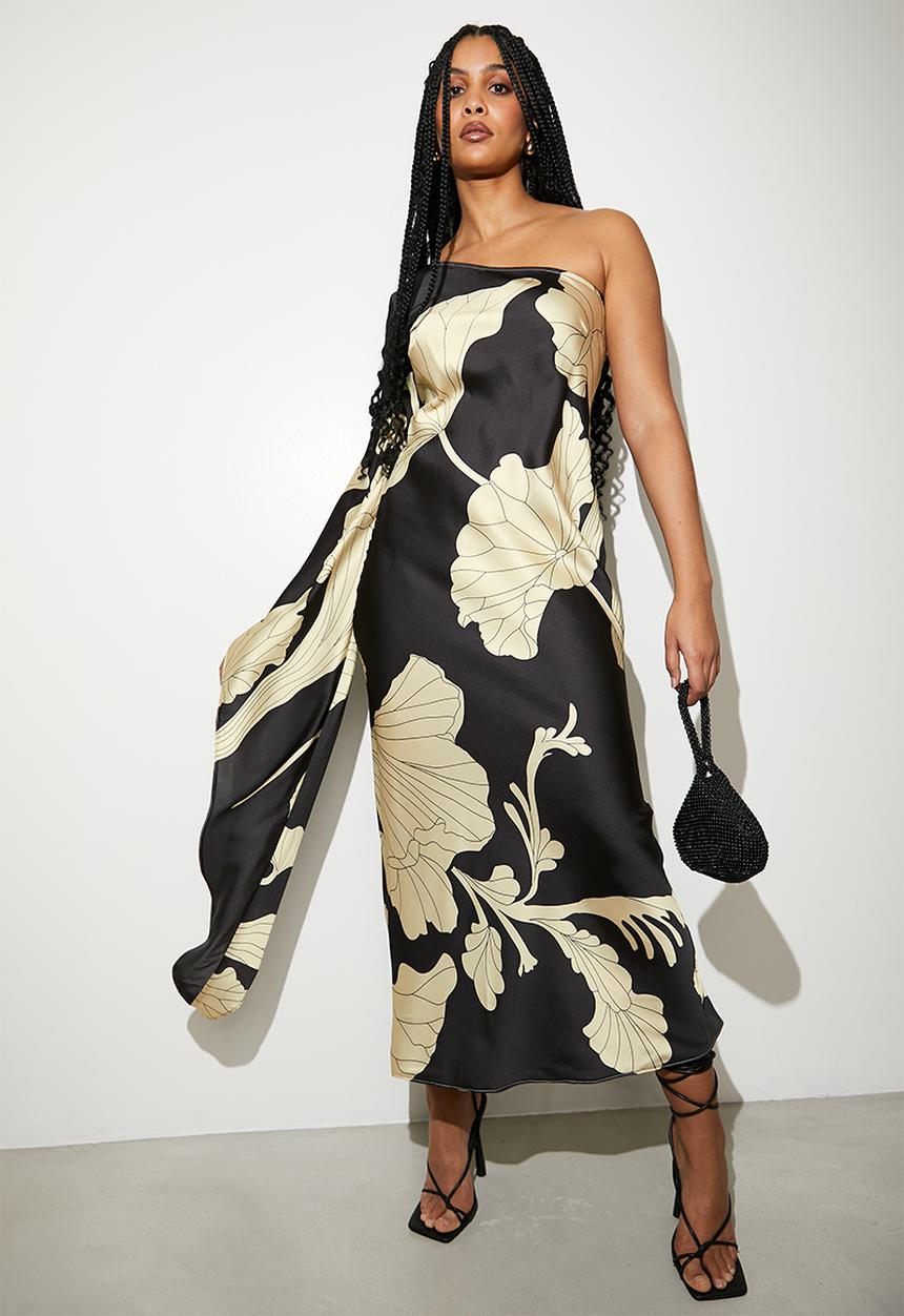 VELVET - Asym cape sleeve maxi slip dress - outlined macro hibiscus