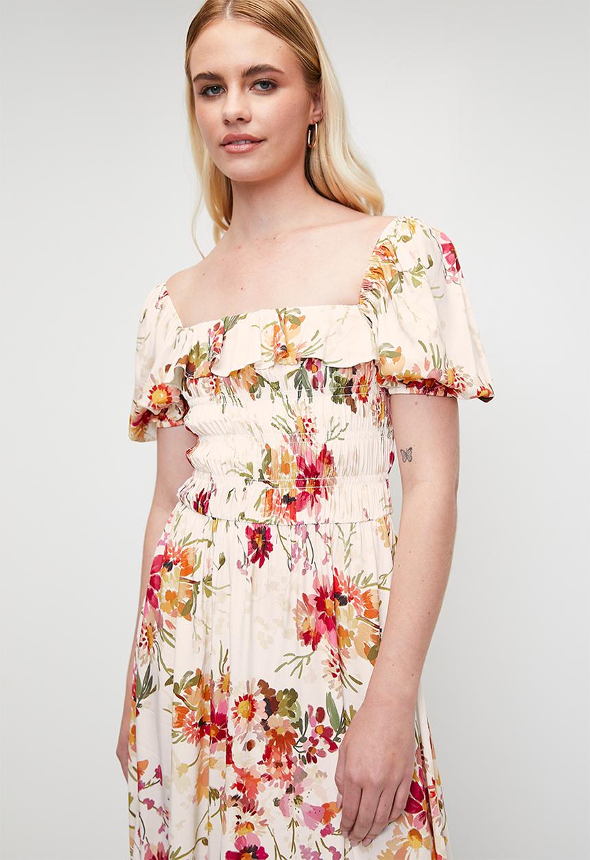 MILLA - shirring fit & flare midi dress with ruffle - cottage core ditsy
