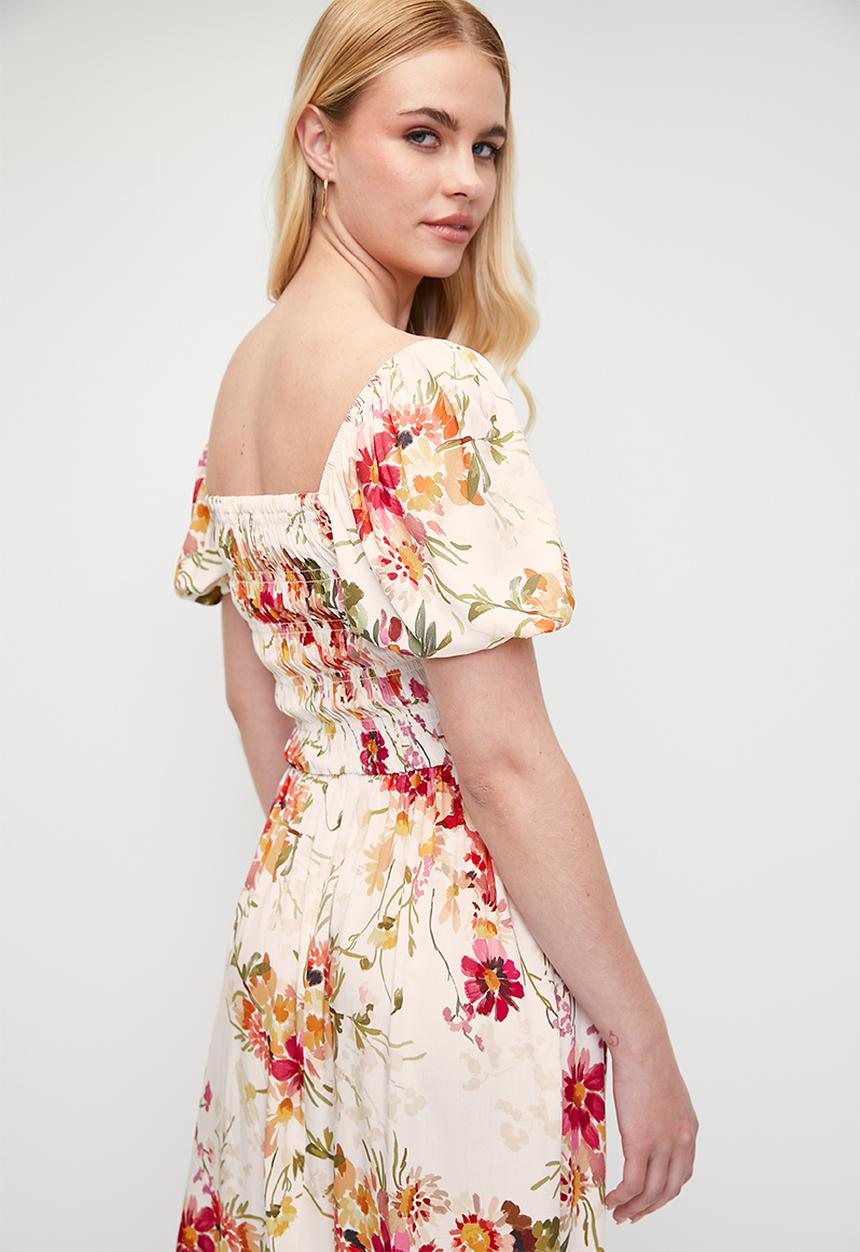 MILLA - shirring fit & flare midi dress with ruffle - cottage core ditsy