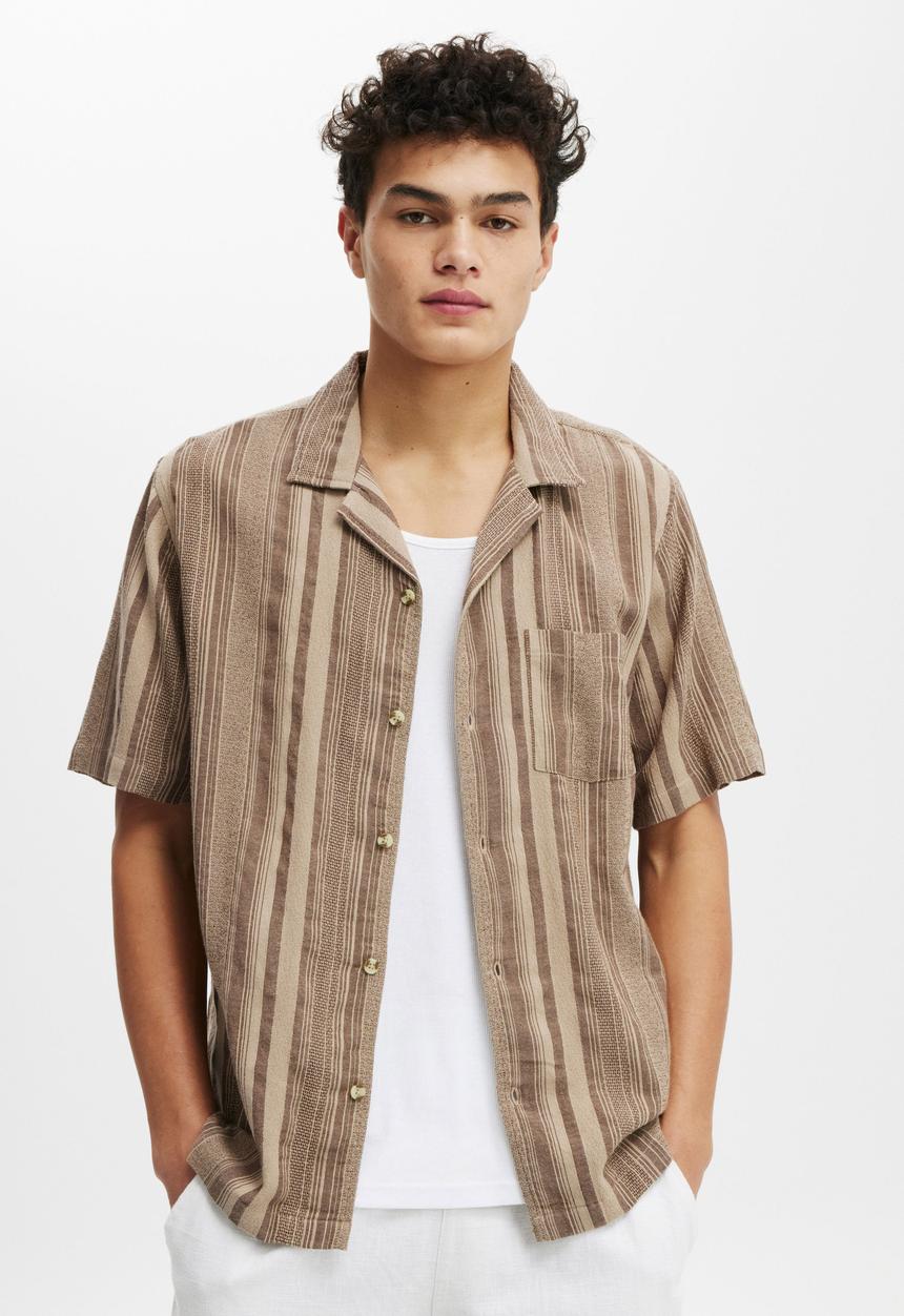 Cotton On - Riviera Short Sleeve Shirt - Latte Stripe