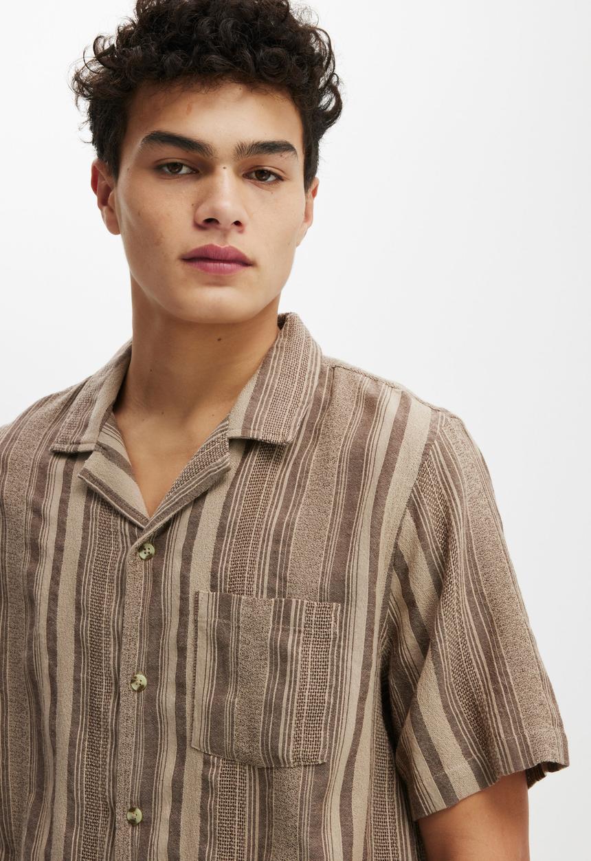 Cotton On - Riviera Short Sleeve Shirt - Latte Stripe