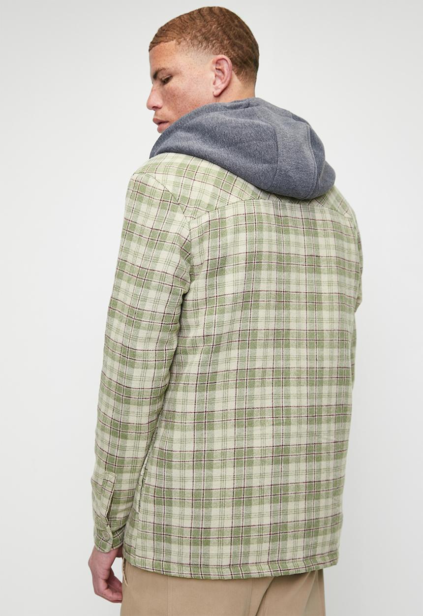 STYLE REPUBLIC - Hooded Flannel Check Shacket - Stone/Ecru