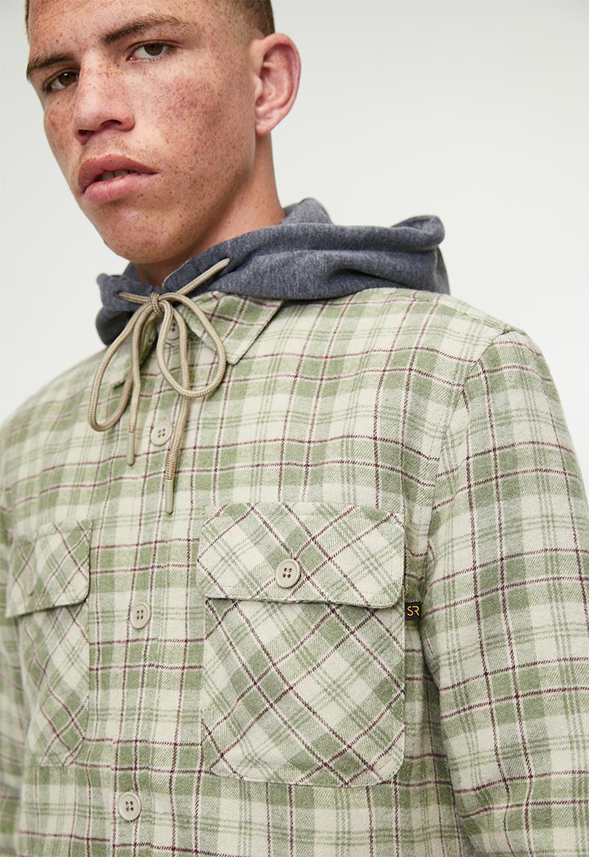 STYLE REPUBLIC - Hooded Flannel Check Shacket - Stone/Ecru