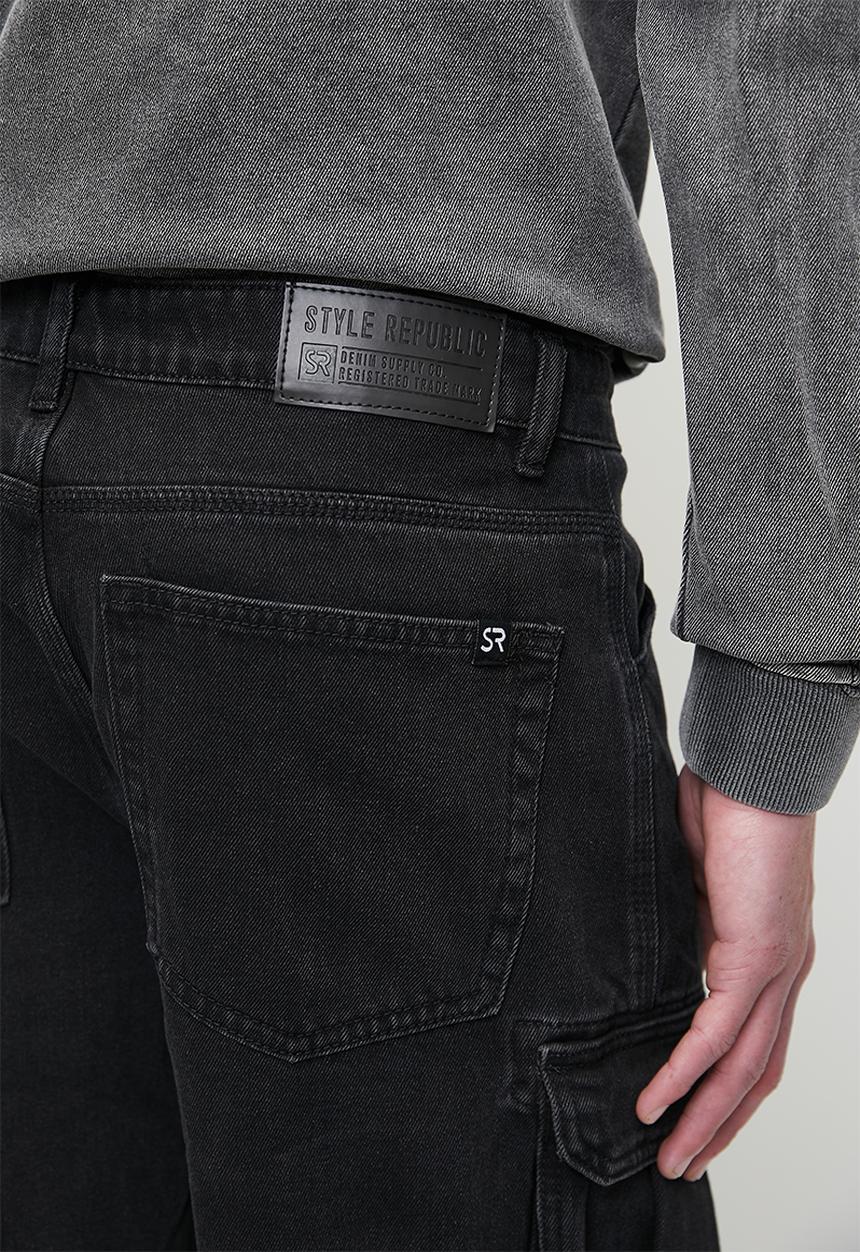 Relaxed Fit Cargo Denim Shorts - Black Rinse