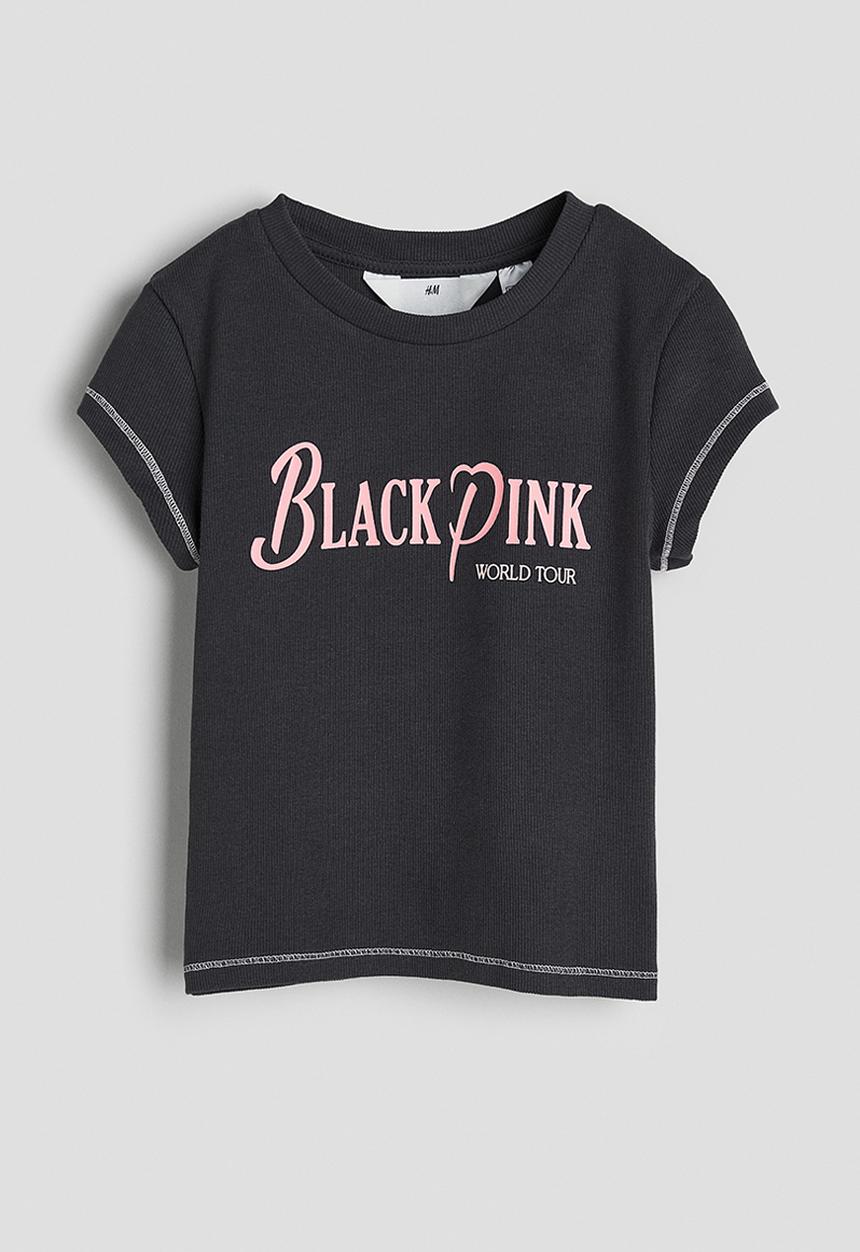 H&M - Ribbed T-shirt - dark grey black pink