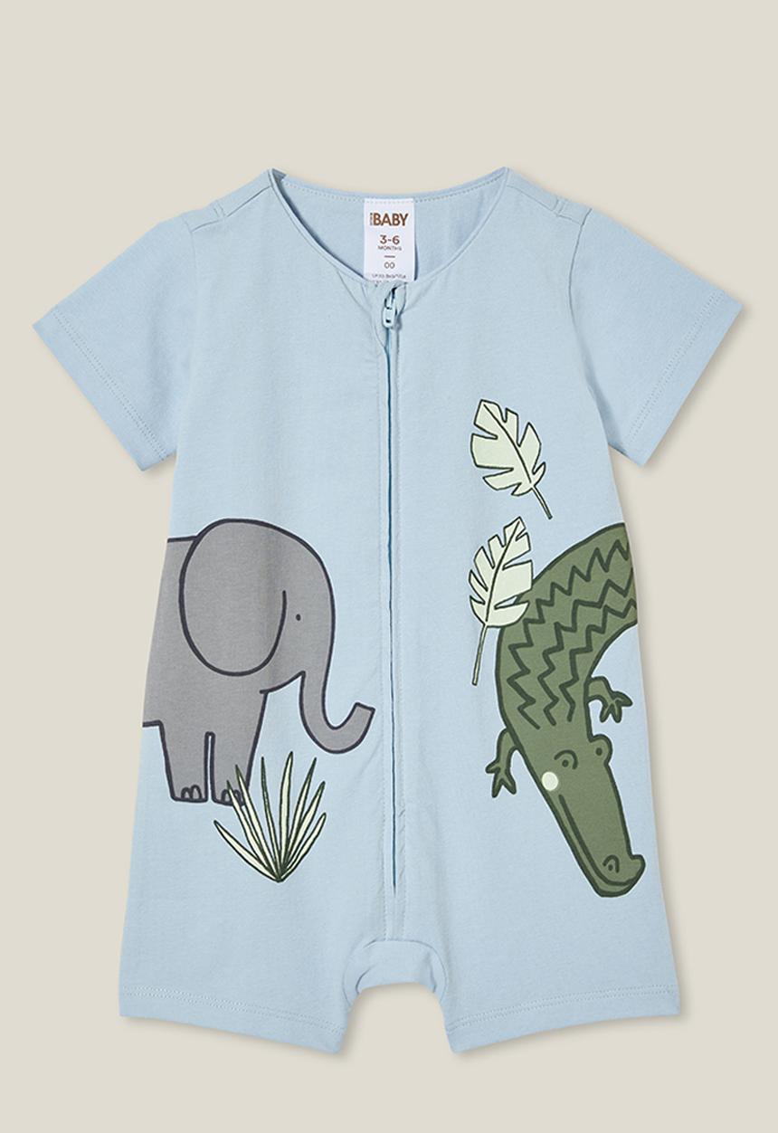 Cotton On - The short sleeve zip romper - frosty blue/nile crocodile