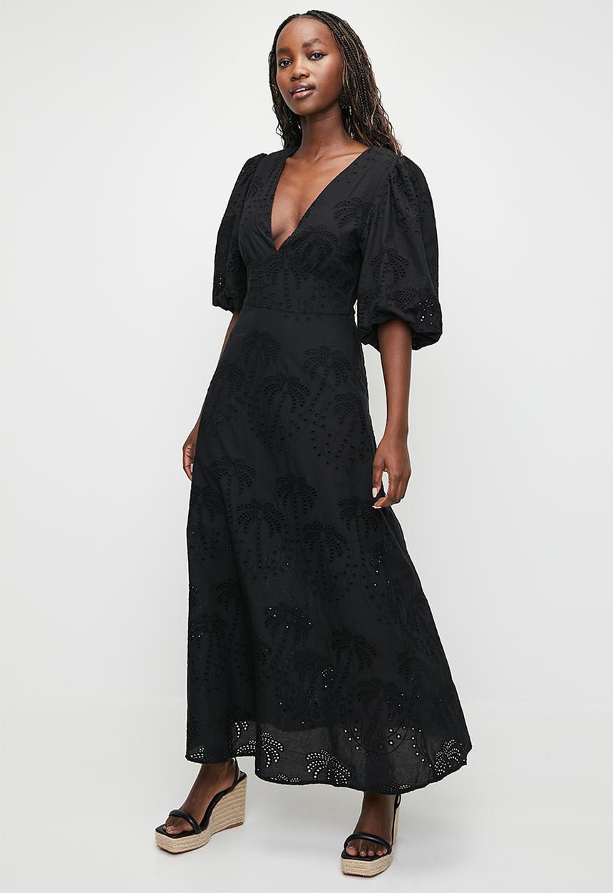 MILLA - Puff sleeve anglaise fit & flare maxi dress - black