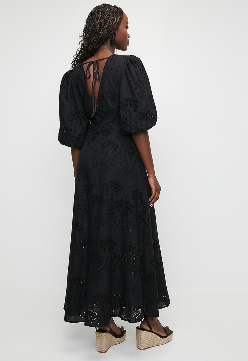 MILLA - Puff sleeve anglaise fit & flare maxi dress - black
