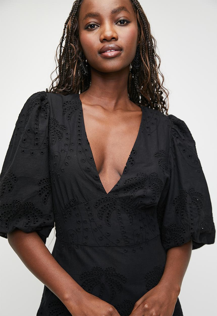 MILLA - Puff sleeve anglaise fit & flare maxi dress - black