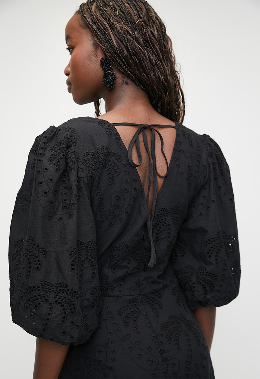 MILLA - Puff sleeve anglaise fit & flare maxi dress - black