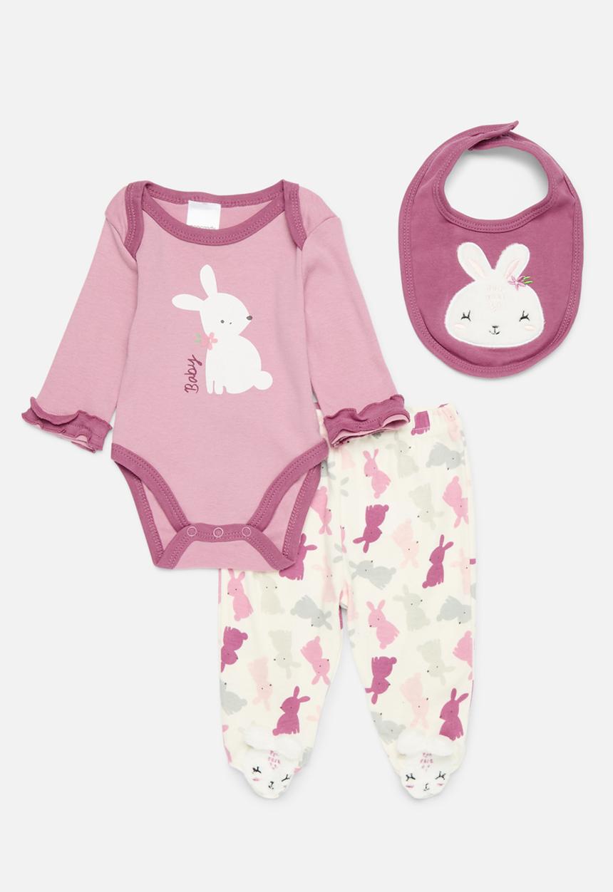 Pop Candy - 3 Piece printed bodyvest legging & bib set - dark pink & ecru