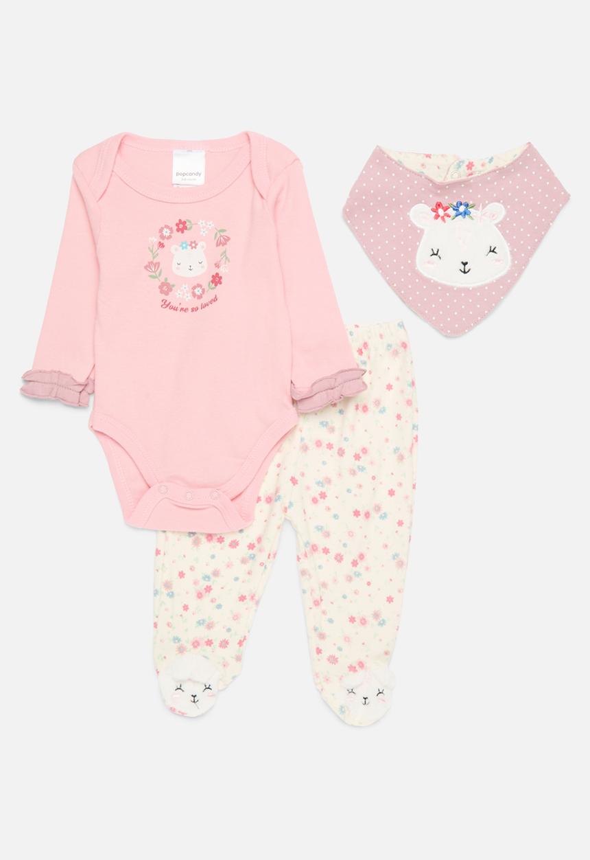 Pop Candy - 3 Piece printed bodyvest legging & bib set - pink & ecru