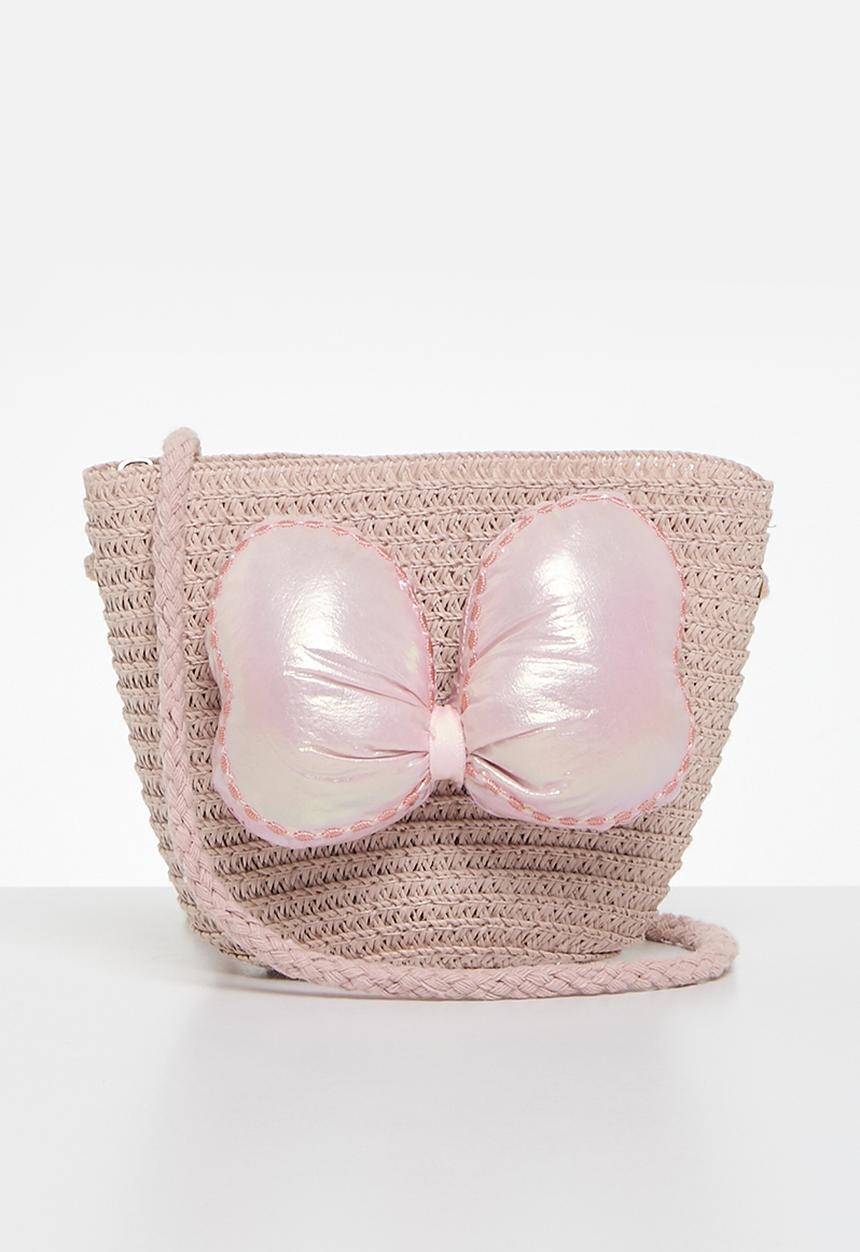 Pop Candy - Bow knot décor straw bag - Pink & beige
