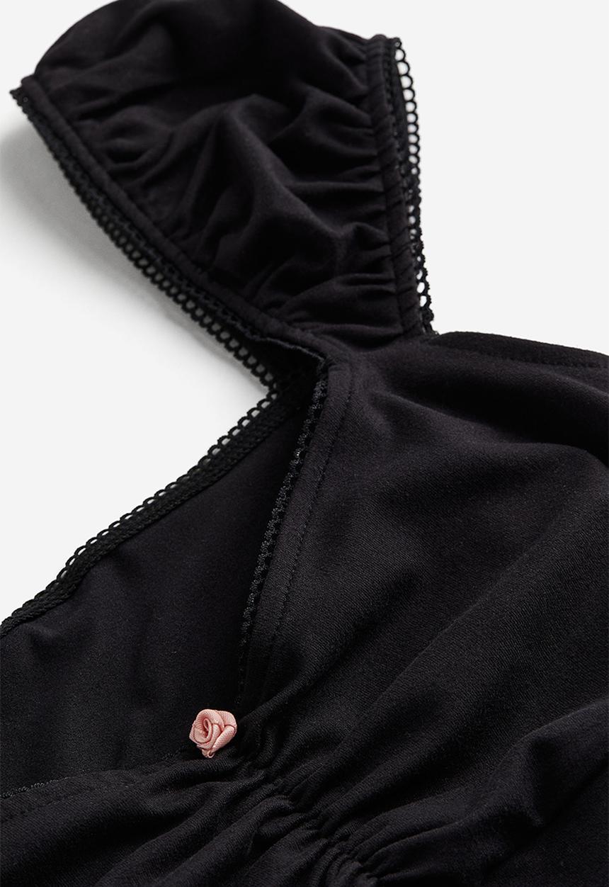 H&M - Picot-trimmed puff-sleeved top - black