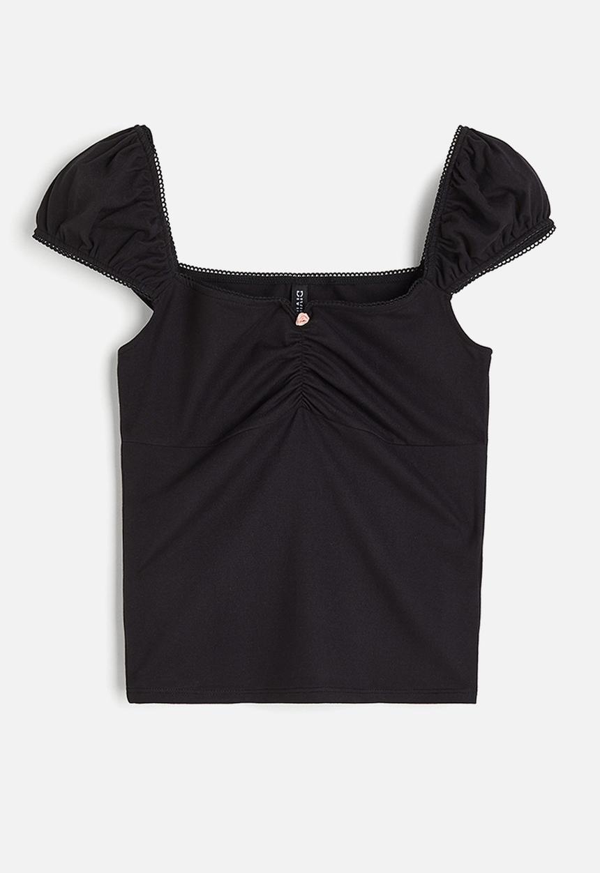 H&M - Picot-trimmed puff-sleeved top - black