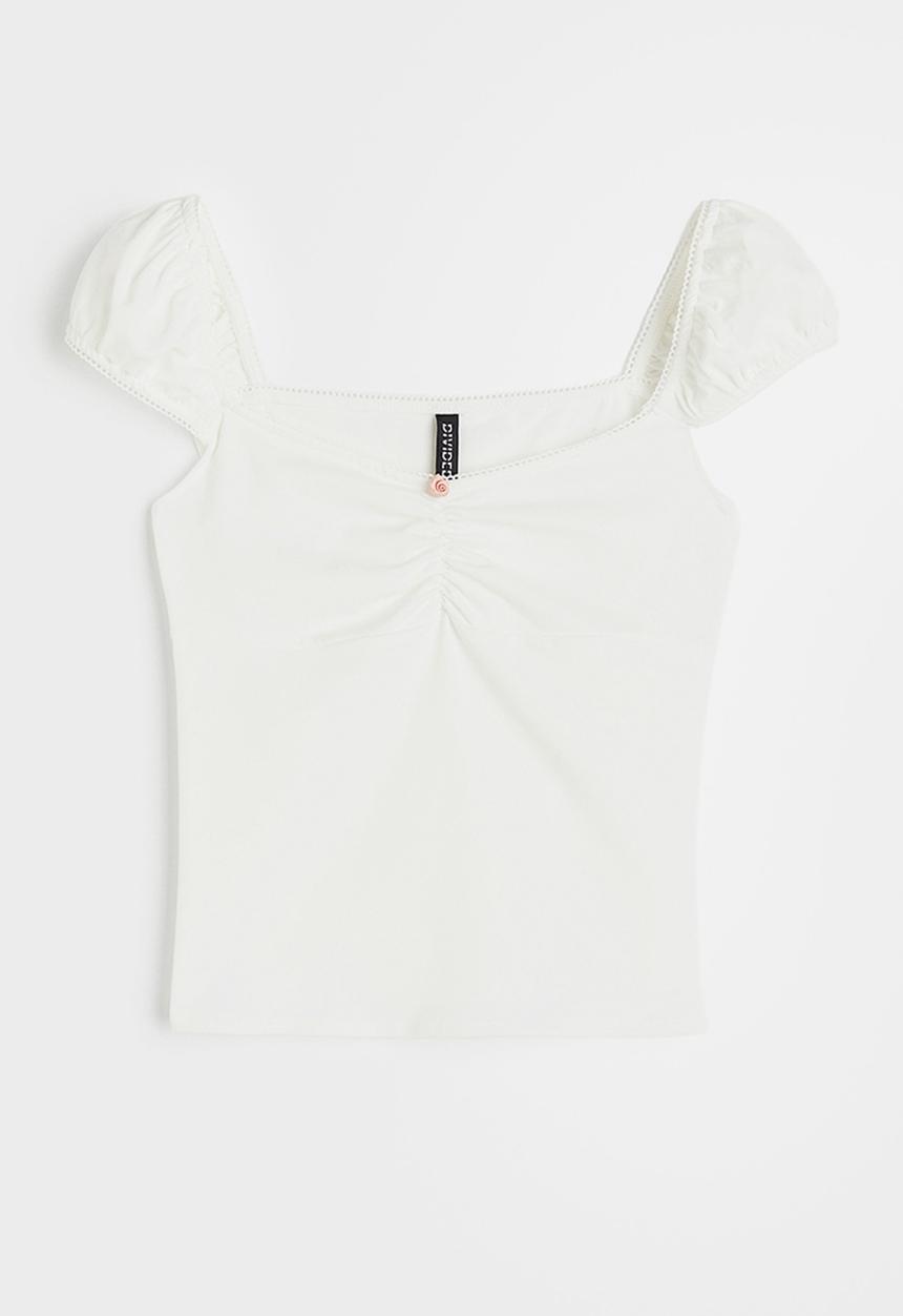 H&M - Picot-trimmed puff-sleeved top - white