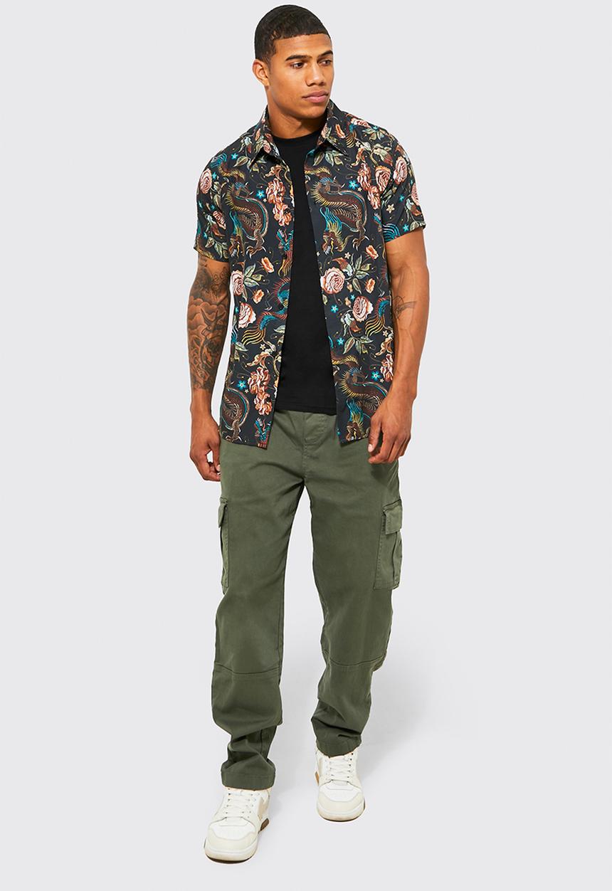 boohooMAN - Dragon Print Short Sleeve Shirt - Black