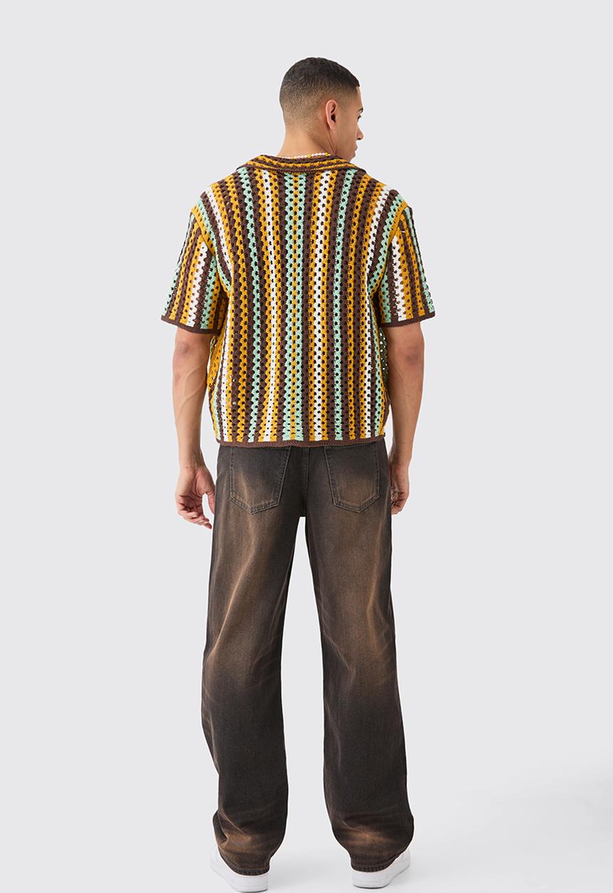 boohooMAN - Oversized Boxy Open Knit Stripe Shirt - Multi