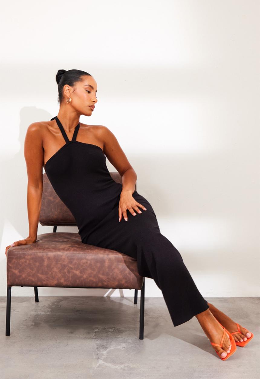 PrettyLittleThing - Soft Knit Halter Tie Maxi Dress - Black