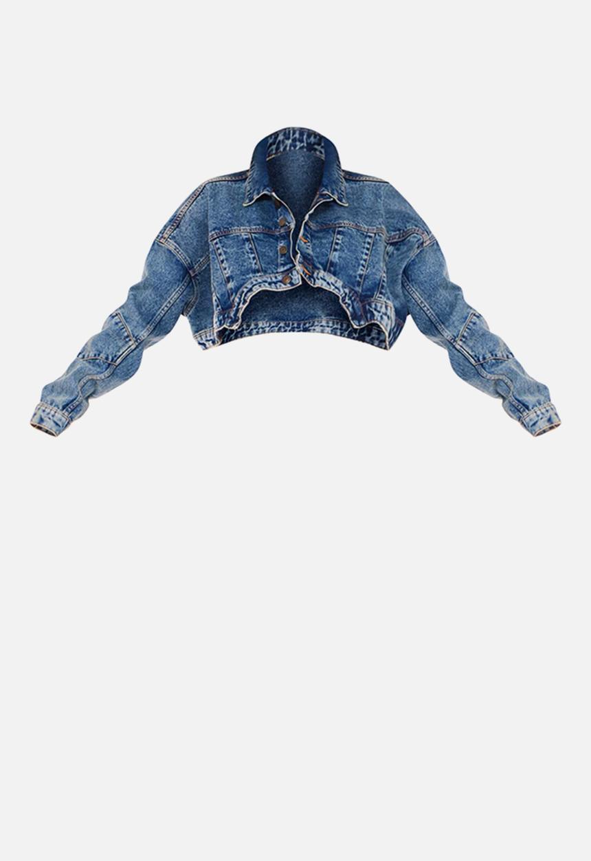 PrettyLittleThing - Washed Curved Hem Denim Jacket - Vintage Wash