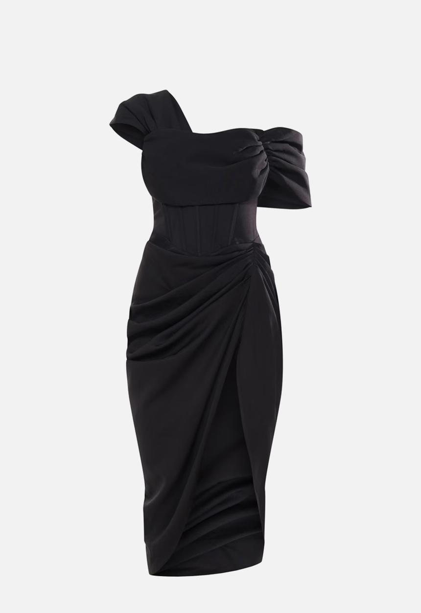 PrettyLittleThing - Corset Bardot Draped Midi Dress - Black