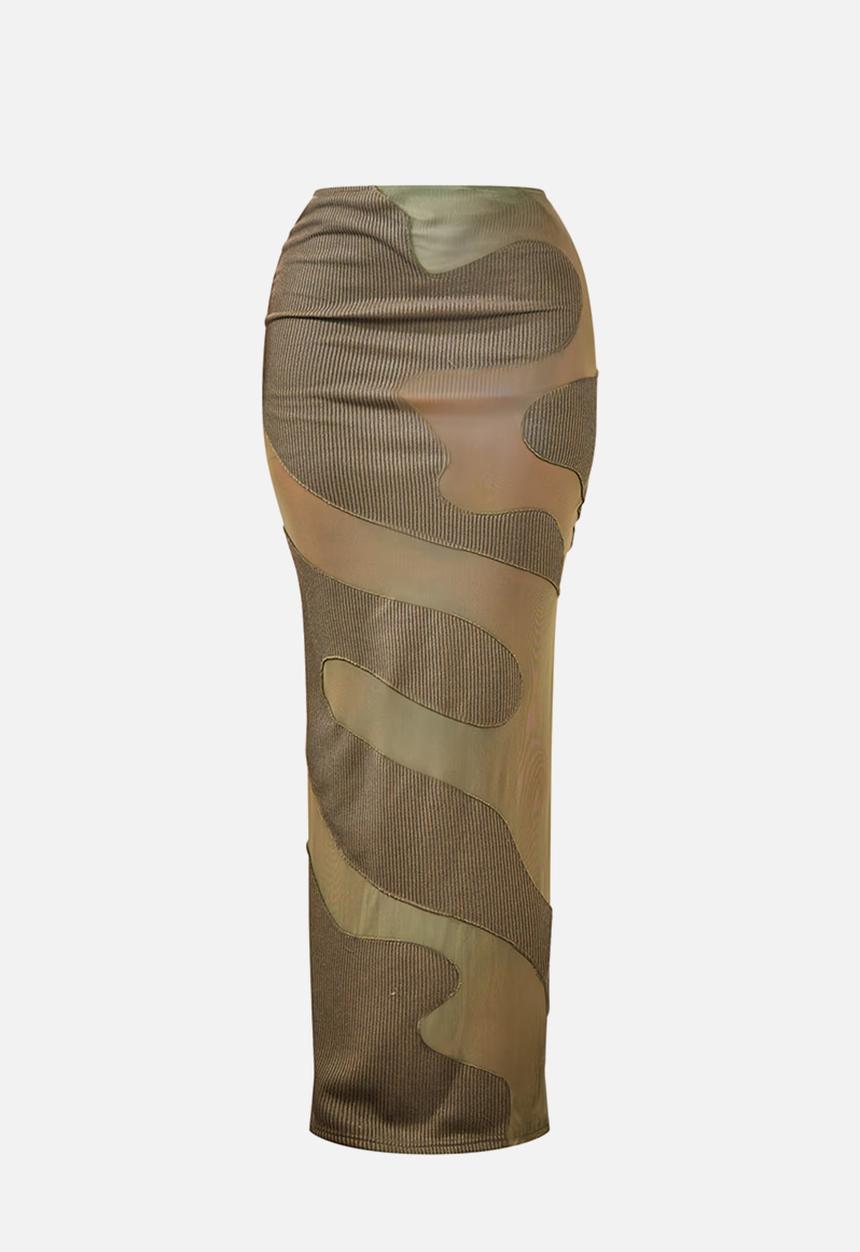 PrettyLittleThing - Abstract Mesh Panel Maxi Skirt - Khaki