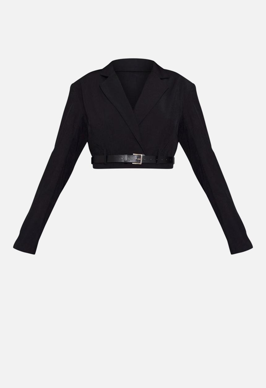 PrettyLittleThing - Tailored Boxy Belt Cropped Blazer - Black