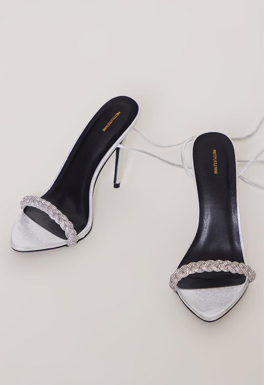PrettyLittleThing - Round Diamante Plaited Strap Barely There Lace Up Sandals