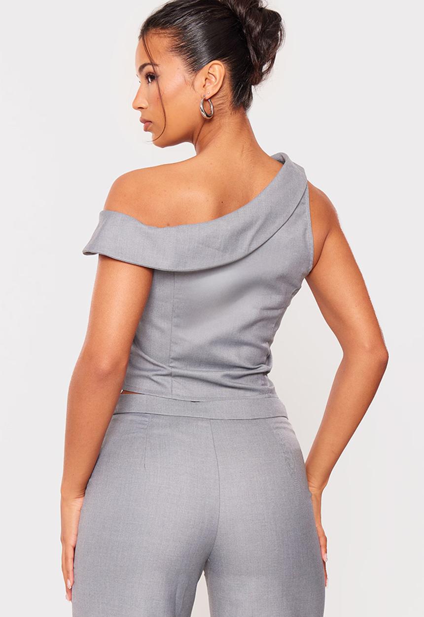 PrettyLittleThing - Woven Asymmetric Button Up Tailored Top - Light Grey