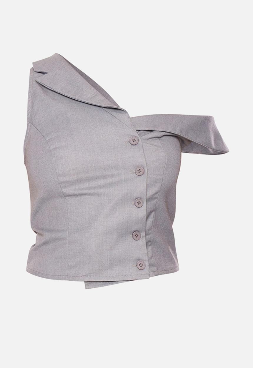 PrettyLittleThing - Woven Asymmetric Button Up Tailored Top - Light Grey