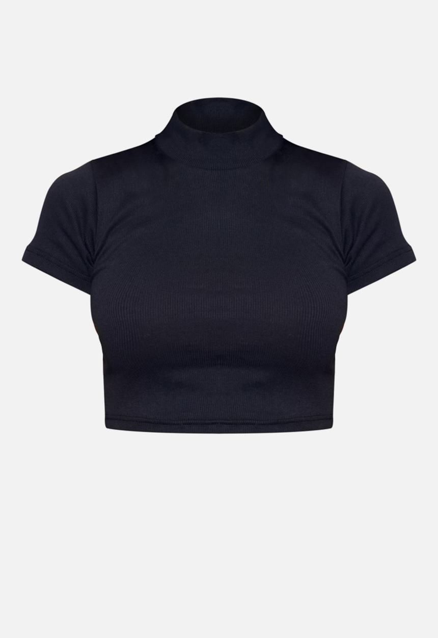 PrettyLittleThing - Basic Rib High Neck Short Sleeve Crop Top - Black