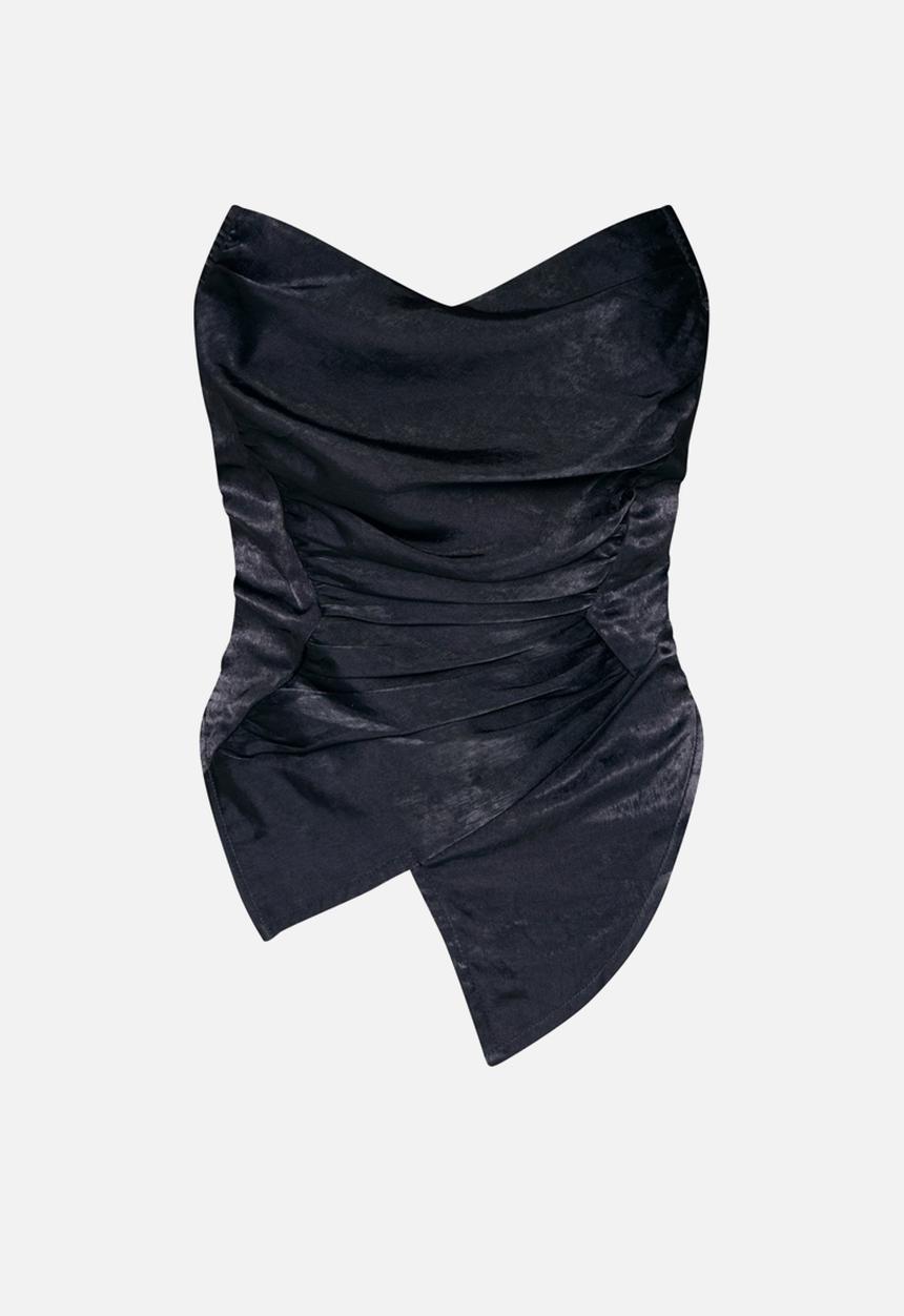 PrettyLittleThing - Hammered Satin Asymmetric Pointed Hem Corset - Black