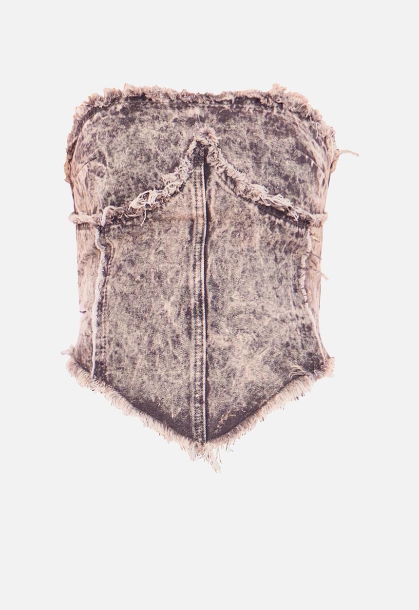 PrettyLittleThing - Frayed Dipped Hem Denim Bandeau Top - Washed Grey 