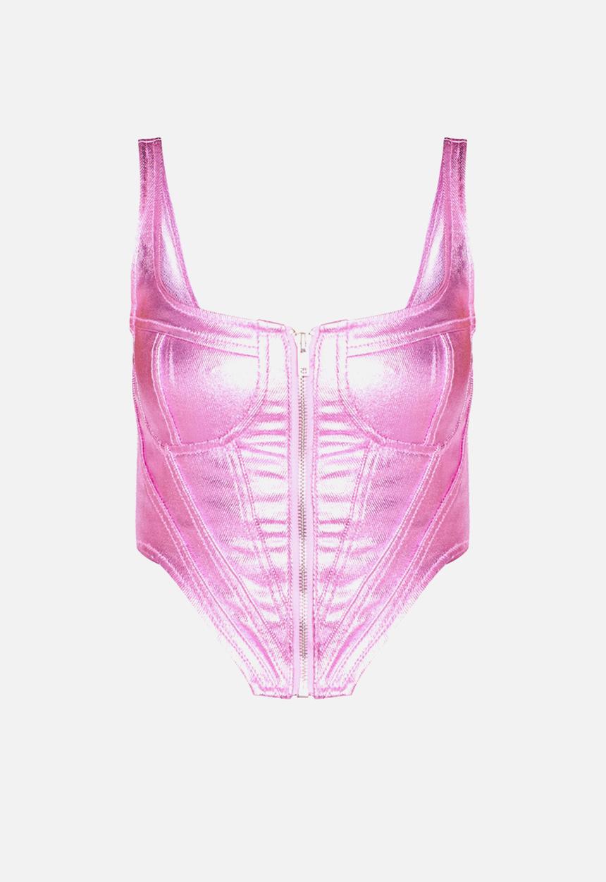 PrettyLittleThing - Metallic Denim Stitch Detail Corset - Pink