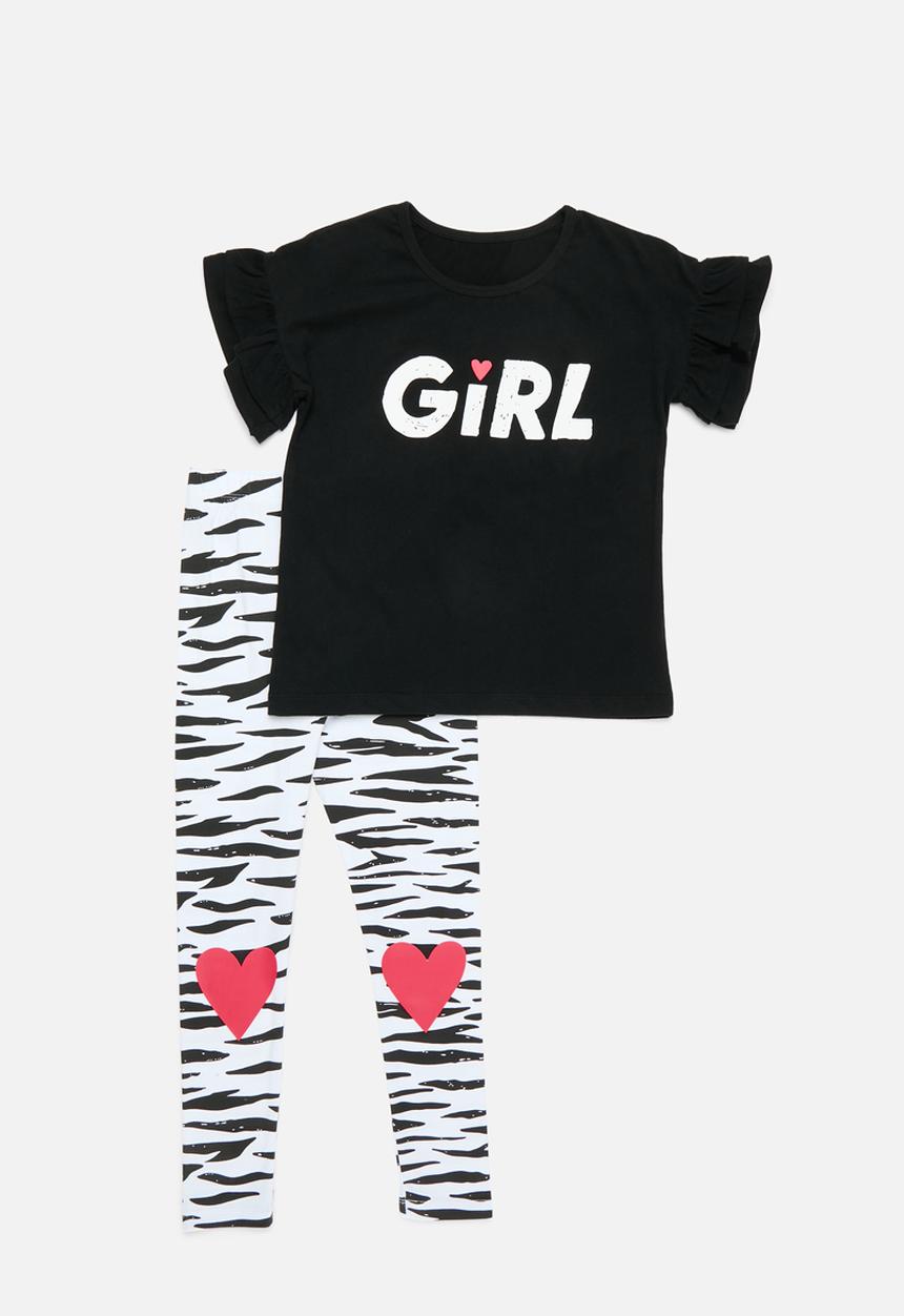 Pop Candy - Frilled top and printed legging set - black & white